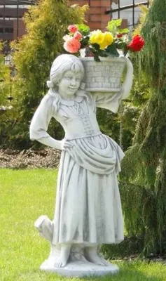 Image de Casa Padrino Sculpture Art Nouveau Jeune fille avec pot de fleurs Gris 50 x 40 x H. 67 cm - Figurine élégante en pierre avec pot de fleurs - Baroque & Art Nouveau Accessoires de décoration de jardin