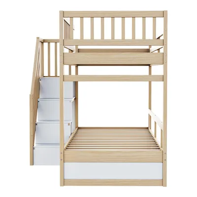 Produktbild von Flieks Etagenbett 90x200cm mit Kleiderschrank und Schublade, Kinderbett Hochbett mit Treppe und Lattenrost, Stockbett mit Rausfallschutz Naturbelassen