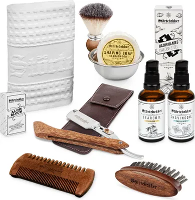 Produktbild von All-in-one Set Rasur & Bart - Rasiermesser mit Holzgriff – Lederetui Café - Rasierset / Bartpflege Set Herren - Geschenkidee Herren - Bartpflegeset