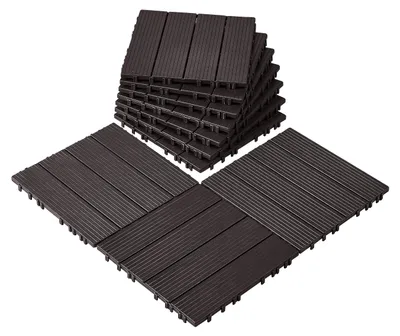 Produktbild von VEVOR Verbunddeckfliesen, 36er Pack, 11,6"x11,6" 36 qm Kunststoff wasserdichtes Outdoor-Bodenbelag für alle Wetterbedingungen, Terrassenbodenbelag für Veranda, Poolseite, Balkon, Garten, Dunkelbraun, Dunkelbraun-PP-10Stück