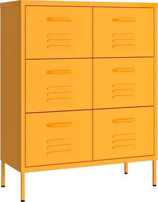 A bright yellow metal cabinet with six drawers, each featuring a handle and ventilation slots. The cabinet stands on thin metal legs.