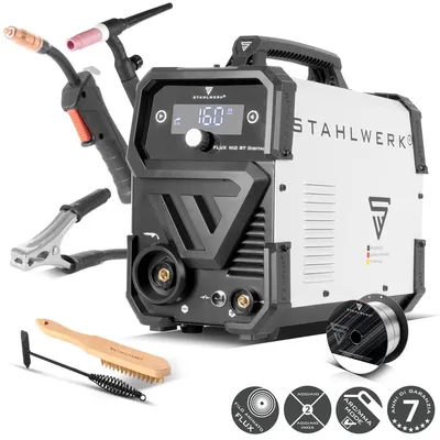 Immagine prodotto di STAHLWERK FLUX 160 ST Saldatrice digitale - Starter set - Combi 3 in 1 con 160 A, saldatura a filo continuo senza gas di protezione, MMA (MMA/ARC), Lift-TIG (DC)