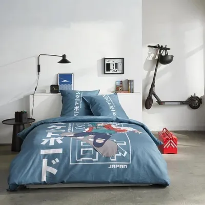 Obrázek produktu pro Sada ložního prádla pro 2 osoby 240 x 220 cm, 100 % bavlna, japonský potisk, modrá barva, 2 povlaky na polštáře 65 x 65 cm