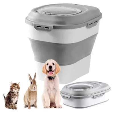 Produktbild von Hundefutter Aufbewahrung 12-15 kg mit luftdichtem Verschluss und Klappdeckel, große Futtertonne und Hundefutterbox mit Rädern, faltbare Futterbox für Hund und Katze
