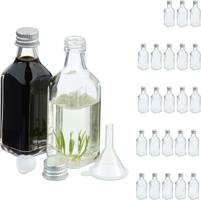 Image de Petits flacons en verre - Lot de 25 - 50 ml - Mini-flacons à remplir - Bouchon à vis et bouchon en liège - Flacons à shots - Transparents - Argentés
