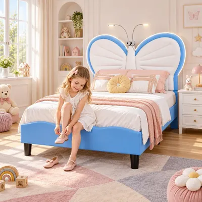 Imagen del producto de Cama infantil tapizada INONEFT, 90x190 cm, con iluminación LED. Cama individual tapizada con somier, ideal para niñas, cama juvenil con cabecero ajustable, color azul