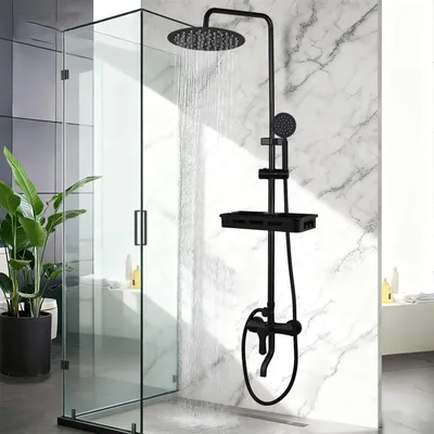Schwarze Duscharmatur mit Regenduschkopf & Handbrause, Wandmontage