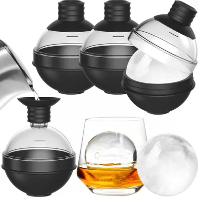 Produktbild von Große Silikon-Eiswürfelform für Whisky – 4er-Set mit 2-in-1-Trichterdeckel – Runde Eiswürfelformen (6 cm Durchmesser) für Bourbon-Cocktails – Leicht zu entnehmen – Perfekt rund