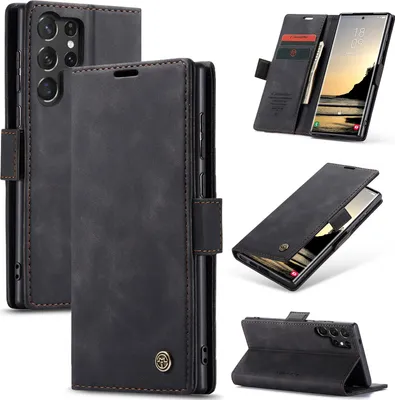 Produktbild von Hülle für Samsung Galaxy S25 Ultra Retro Kunstledertasche mit Standfunktion Schutzhülle Schwarz