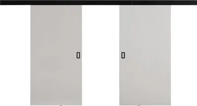 Two white sliding doors are shown against a white background, mounted on a black track.