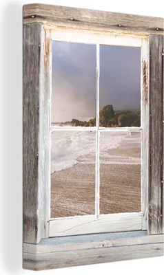 Produktbild von OneMillionCanvasses® - Leinwandbilder - 90x140 cm, Durchblick - Holz - Strand, - Geöffnetes Fenster - Fensterblick Schlafzimmer Kunstdruck Wanddekoration - Foto auf Leinwand - Gemälde auf Holzrahmen - Wandschmucke - Schlafzimmer