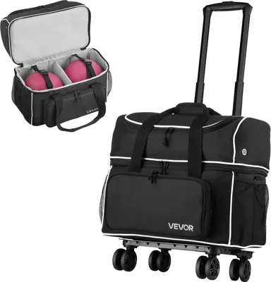 Image de Sac de bowling VEVOR pour 2 boules avec quatre roulettes, compartiment séparé pour chaussures (jusqu'à la taille 16 US) et poche accessoire surdimensionnée, poignée rétractable pouvant être déployée jusqu'à 95 cm, noir.
