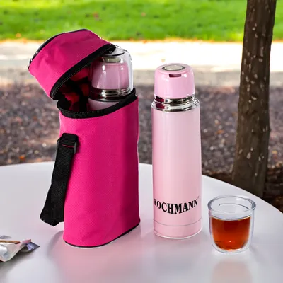 Produktbild von Rosa Thermosflasche mit Tasche – Stilvoll, praktisch und vielseitig!