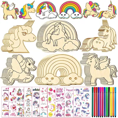 Produktbild von Omgoods – 398-teiliges Einhorn-Holz-Bastelset für Kinder – Kreatives Basteln
