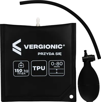 A black pneumatic lifting wedge with a hose and hand pump.