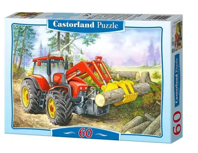 A puzzle box featuring a red tractor loading logs in a forest.