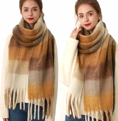 Produktbild von Schal - Großer Warmer Schal - Dick - Elegant - Modischer Schal - Damen - Winter - Halstuch - Kariert - Beige