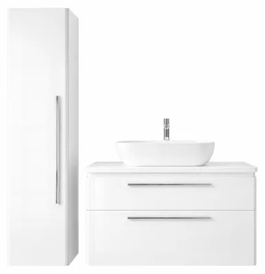 Produktbild von Badmöbel Set MOBI 90 cm - Weiß Hochglanz - 2 Waschbecken - Waschbeckenunterschränke + Hochschrank - Badezimmerschränk