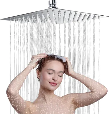 Produktbild von Quadratische Regendusche 304 Edelstahl mit wassersparendem Regenduschkopf - 90 Anti-Kalk-Düsen - 360° verstellbar - rund