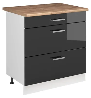 Imagen del producto de Mueble bajo de cocina Vicco R-Line Antracita alto brillo/Blanco 80 cm con 3 cajones encimera Roble dorado, Model 72329