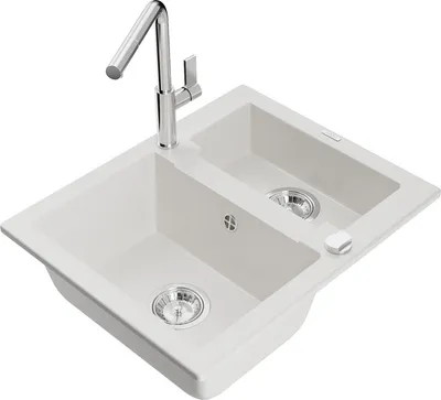 Produktbild von Mexen Carlos 1,5-Becken-Granitspüle mit Mischbatterie Flora, Weiß - 6518-20-670401-00