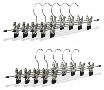Produktbild von Relaxdays Hosenbügel Metall, 10er Set Rockbügel, Klemmbügel verstellbar, Kleiderbügel, HBT 9x35,5x2,5 cm, silber/schwarz