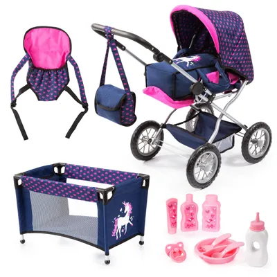 Immagine prodotto di Carrozzina per bambole Grande combi, set con lettino da viaggio, blu/rosa con unicorno