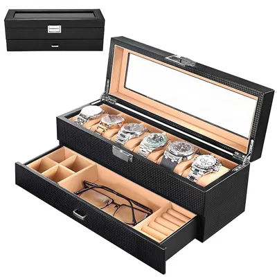 Produktbild von Uhrenbox für 6 Uhren und 2 Sonnenbrillen, Uhrenetui mit Glasdeckel, Schmuckkästchen für Herren, Schmuckkästchen mit Verschluss für Ringe, Ohrringe und Armbänder.