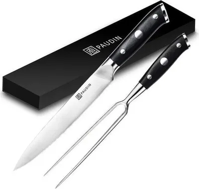 Produktbild von PAUDIN D9 Professionelles Tranchiermesser und Tranchiergabel Set 20 cm - Japanisches Tranchierset - Tranchiermesser + Tranchiergabel - 2 Stck - Schwarzer ergonomischer Griff