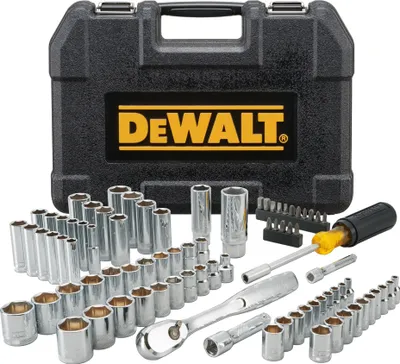 A DeWalt mechanic's socket set is displayed in front of its black carrying case.