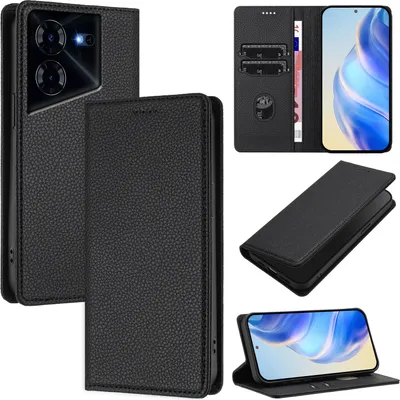 Obrázek produktu pro Kožené pouzdro pro Tecno Pova 5, Litschi kůže, peněženkové pouzdro s přihrádkami na karty a stojánkem Černý