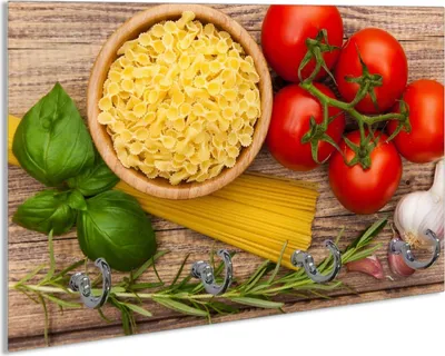 Produktbild von Wallario Schlüsselbrett aus Glas, Motiv: Spaghetti mit Tomaten, Knoblauch und Basilikum, 30 x 20 cm mit 4 Haken