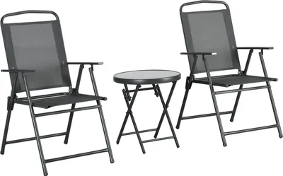 Produktbild von Bistro-Set 3-teilig aus Metall Wetterfest Gartenmöbel Set mit klappbar Glastisch Gartenstühlen Outdoor Balkonmöbel Set Sitzgruppe Balkonset Gartengarnitur Dunkelgrau Aosom