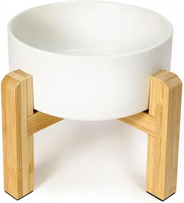 Produktbild von PolkaHome® Erhöhte Keramik Katzennapf mit Holzständer, Anti-Rutsch Haustier Futternapf, Wassernapf für Katzen und kleine Hunde,
