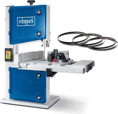 A Scheppach bandsaw with three spare saw blades shown next to it, all on a white background.
