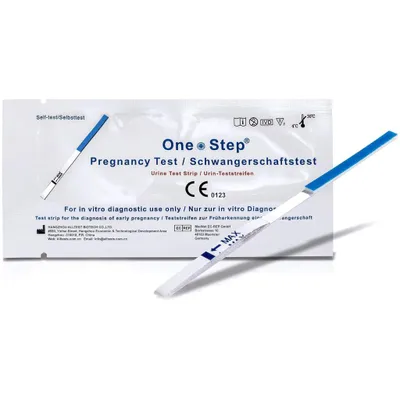 A pregnancy test strip is shown on a white background, with its packaging partially visible.
