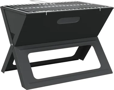A black portable grill with a foldable stand, shown against a white background.