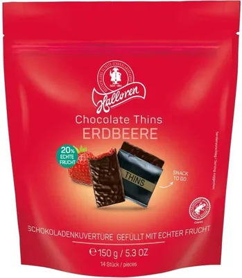 Produktbild von Halloren Chocolate Thins Strawberry mit Erdbeerzubereitung 150g