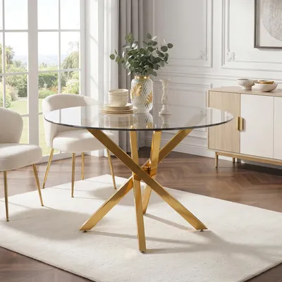 Obrázek produktu pro MODFU Kulatý jídelní stůl o průměru 80 cm s bezpečnostní skleněnou deskou, zlatými nohami a moderním křížovým rámem. Elegantní kuchyňský stůl vhodný do jídelny i obývacího pokoje. Barva: zlato/sklo
