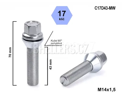 Obrázek produktu pro Kolový šroub M14x1,5x43 kužel pohyblivý, klíč 17, C17D43-MW, výška 70 mm