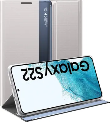 A silver flip case for a Samsung Galaxy S22 is shown open, with the phone inside displaying the 'Galaxy S22' logo.