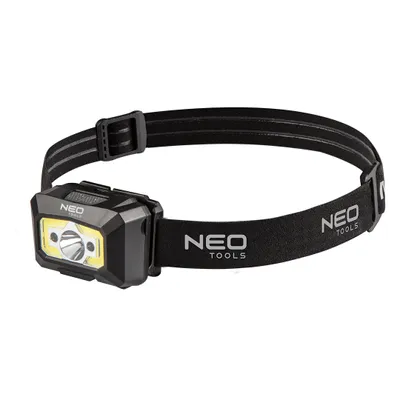 Obrázek produktu pro NEO TOOLS dobíjecí čelovka USB 250 lm + senzor pohybu, 5 světelných funkcí, dobíjení přes USB, pohyblivá hlava, včetně klipu na klobouk