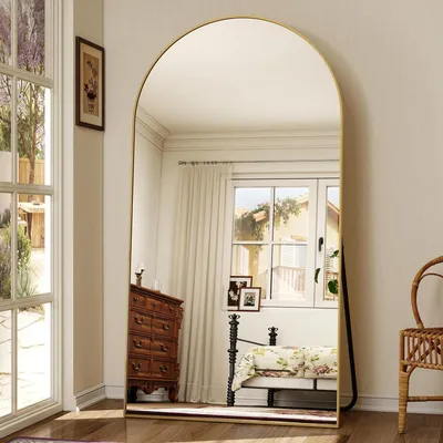 Productafbeelding van Spiegel, volledig formaat, 76 x 180 cm, goudkleurig, met standaard, geschikt om aan te zetten of op te hangen, veiligheidsglas