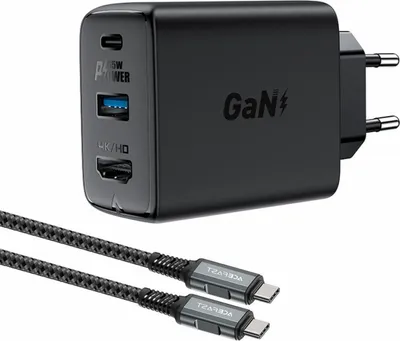 A black GaN charger with two cables on a white background.