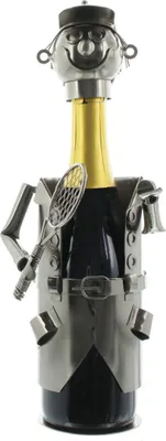 Produktbild von Moderner Wein Flaschenhalter Flaschenständer Tennisspieler aus Metall in silber Höhe 32 cm