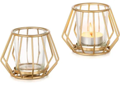 Productafbeelding van Theelichthouder, geometrisch, metaal, goud, set van 2, tafeldecoratie, 2 stuks, goud - Model 1