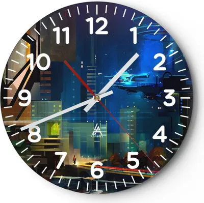 Produktbild von Wanduhr - Rund - Glasuhr - Fantasie Stadt - 30x30cm - Schleichendes Uhrwerk - Lautlos - zum Aufhängen bereit - Dekoration Modern - Wanddekoration aus Glas - C4AR30x30-3890