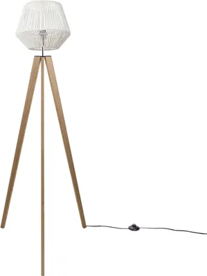 Produktbild von Stehlampe Modern Wohnzimmer Schlafzimmer Rattan Optik Boho Korb Stehleuchte E27 Lampenschirm Weiß (Ø33 cm) Lampenfuß Stehleuchte Holz