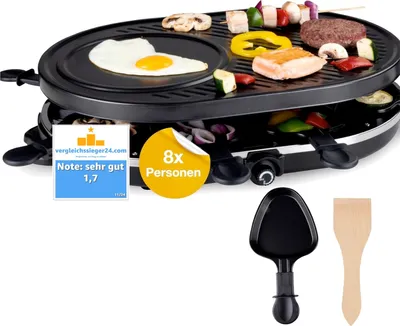 Obrázek produktu pro oválný raclette gril pro 8 osob - S grilovací deskou a funkcí crepes - Stolní gril včetně pánviček a škrabky