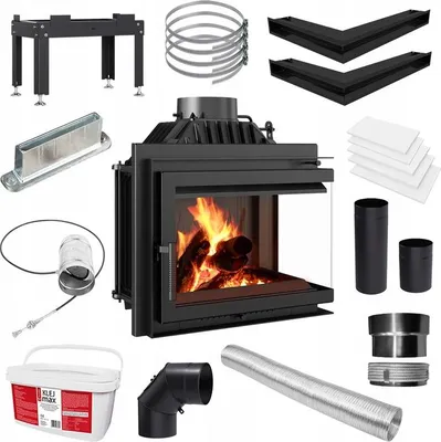 A collection of fireplace insert components and accessories laid out on a white background.